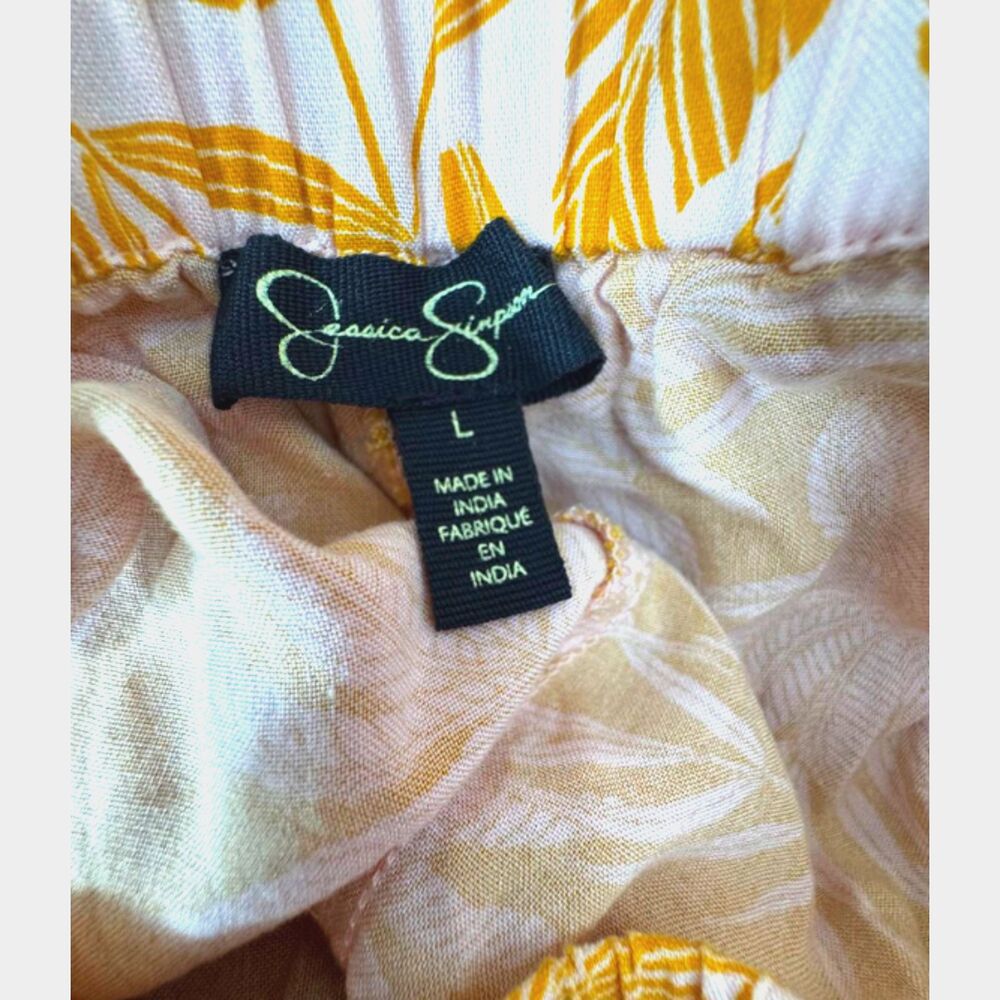 Resort Tropical Paperbag Shorts Large Mustard Yellow Pink Floral Tie Waist - Picture 3 of 5